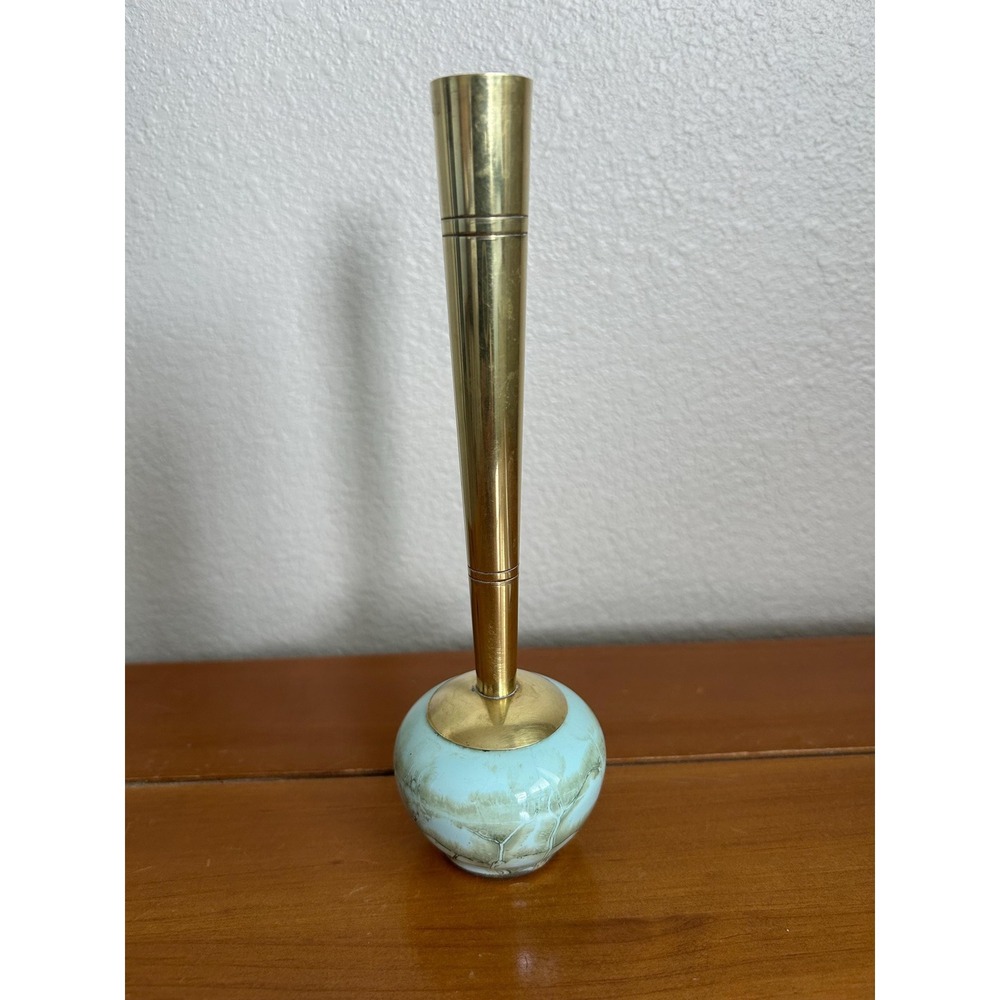 Vtg MCM Delft Hand Painted Porcelain Bud Vase Marble Design Brass Stem Holland‎